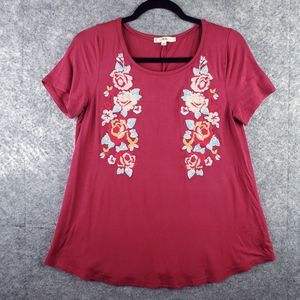 Andree By Unit T-Shirt Womens Small Red Embroidered Floral Boho Rayon Scoop Neck